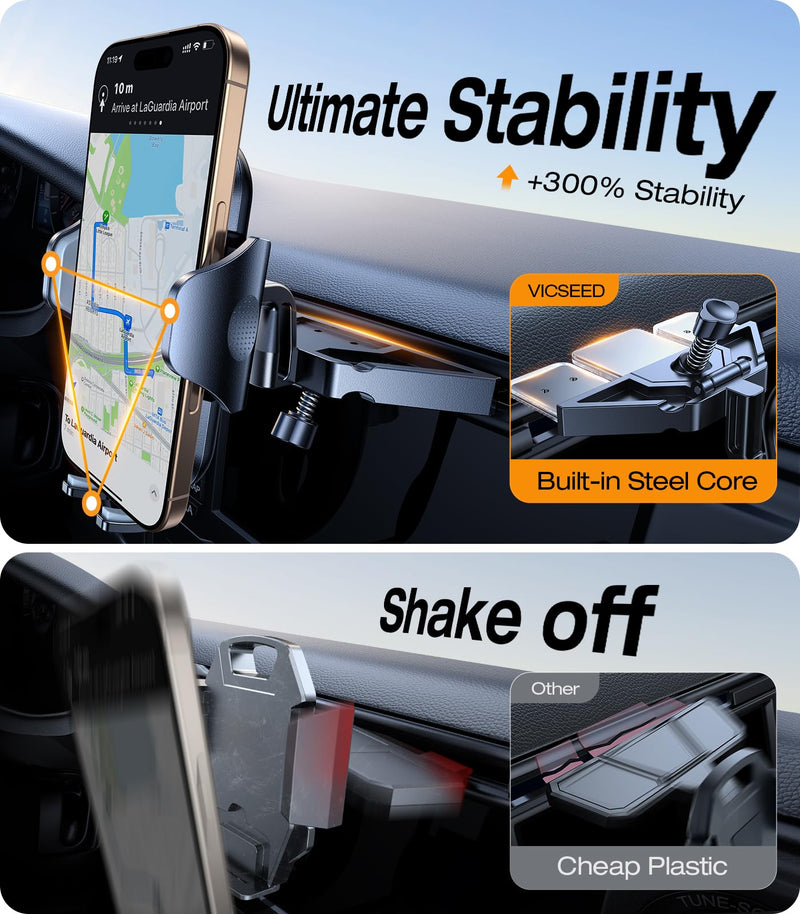 VICSEED Car Phone Holder with Metal CD Slot & Air Vent Clip [Secure Hold] | Anti-Shake CD Phone Holder for Car, Thick Case Friendly, Stays Secure on Bumpy Roads, for iPhone 17 Pro Max Android Samsung Black