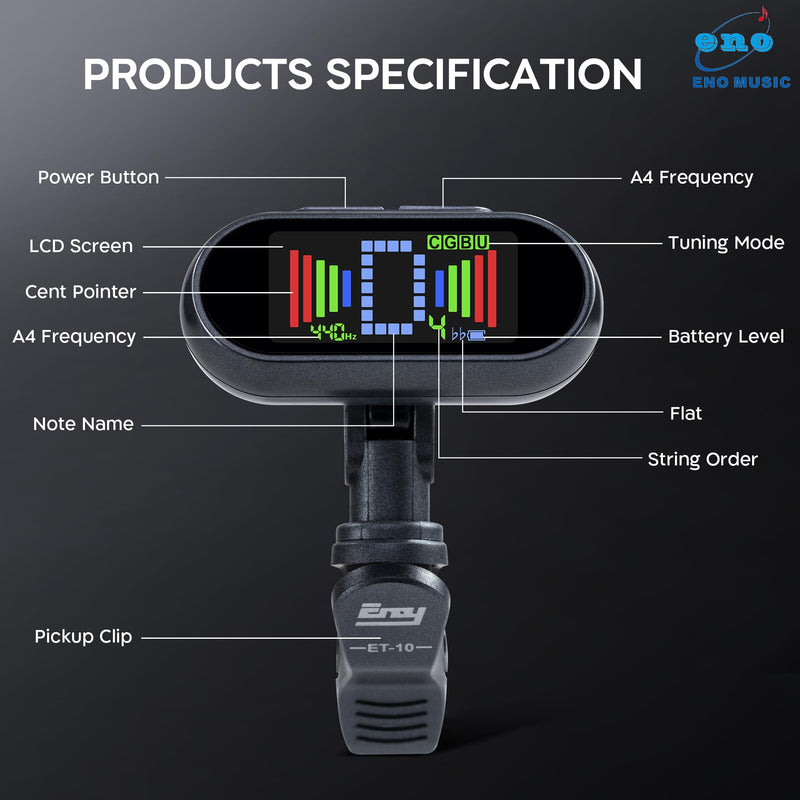 ENO MUSIC Rechargeable Clip-on Tuner for Guitar Bass Ukulele with Chromatic Mode