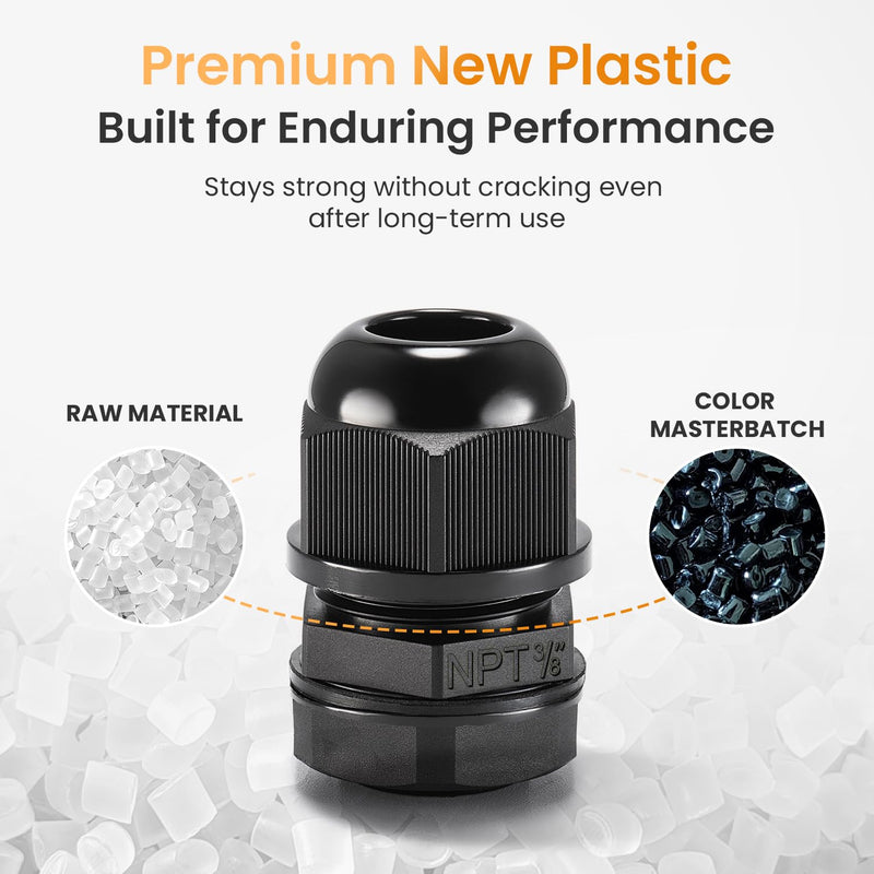 QILIPSU 50pcs 3/8" NPT Cable Gland Waterproof IP68 Nylon Cable Pass Through Cord Grip Connector Strain Relief Wire Grommet 3/8" NPT 50pcs