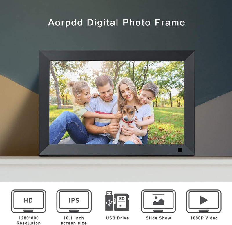 Digital Photo Frame, 10.1 Inch 1280 * 800 IPS High Resolution 16:9 Support 1080P Image Preview, Electronic Photo Frame Support Video / MP3 / Remote Control/Calendar Clock/USB (No WiFi)