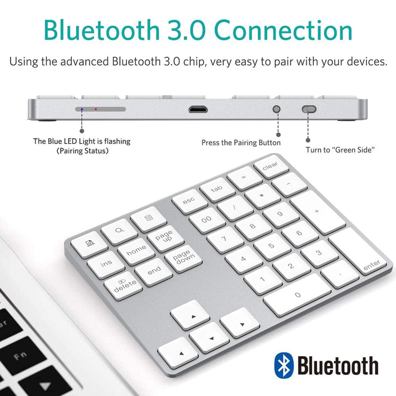 Bluetooth Numeric Keypad, Rechargeable Aluminum 34-Key Number Pad Slim External Numpad Keyboard Data Entry Compatible for MacBook, MacBook Air/Pro, iMac Windows Laptop Surface Pro etc Silver