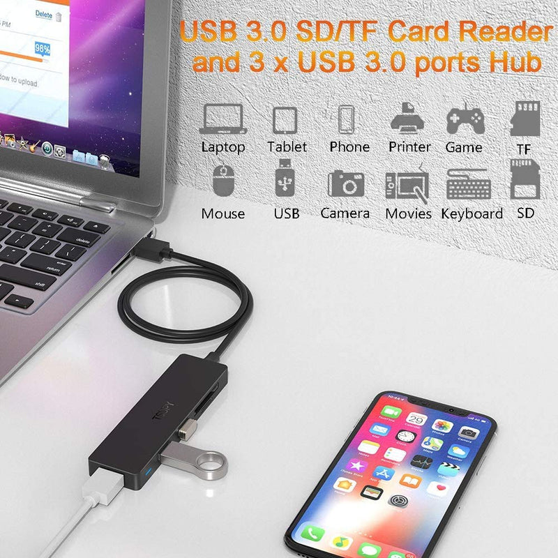 TSUPY USB 3.0 Hub Multi USB Data HUB with 4ft/48inch Extended Cable,SD/TF Card Reader & 3 USB 3.0 Ports Compatible for PC, Laptops, Surface Pro, MacBook, Mac Mini, iMac Pro