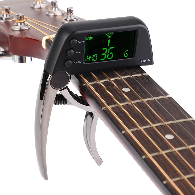 Guitar Capo Tuner, 2 in 1 Clip On Capo with Digital Tuner for Guitar and Bass Zinc Alloy Built in Tuner Chromatic Tuner with LCD Display (Plating bronze) Plating bronze
