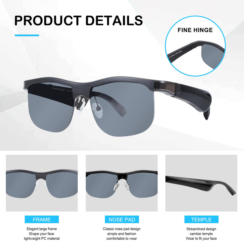 Bluetooth Smart Glasses, Audio Music Glasses, Polarized Sunglasses for Men Women, Open Ear Sport Sunglasses, Built in Mic, Voice Assistant, Bluetooth 5.0, UV400 Protection (Black) Black