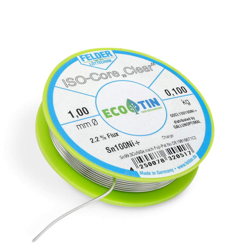GALLUNOPTIMAL Solder Tin ISO Core Soldering Wire Clear Sn100Ni+ Sn99.3CuNiGe 1 mm on 100 g Spool Made by Felder GmbH in Germany
