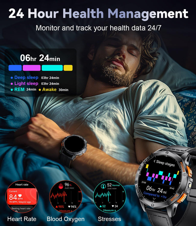 LIGE GPS Smart Watch for Men, 1.43'' AMOLED Always on Display, LED Flashlight/Compass/45 Days Battery/IP68 Waterproof Smartwatch, 100+ Sport Mode, Rugged Smart Watches for Android iOS Black Orange