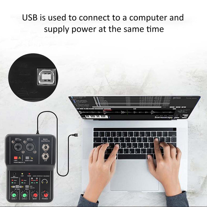2 Channels Audio Mixer, Sound Card USB 48V Power Compact Sound Mixing Console, USB Soundcard for PC Recording for Music Recording Home Karaoke Internet Karaoke