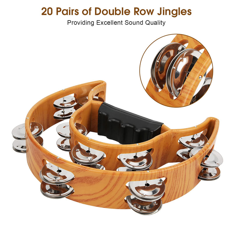 Double Row Jingles, Half Moon Musical Tambourine Double Row Handbell Tambourine Metal Jingles with Ergonomic Grip Percussion Instrument for KTV Party Church, Imitation Wood Color