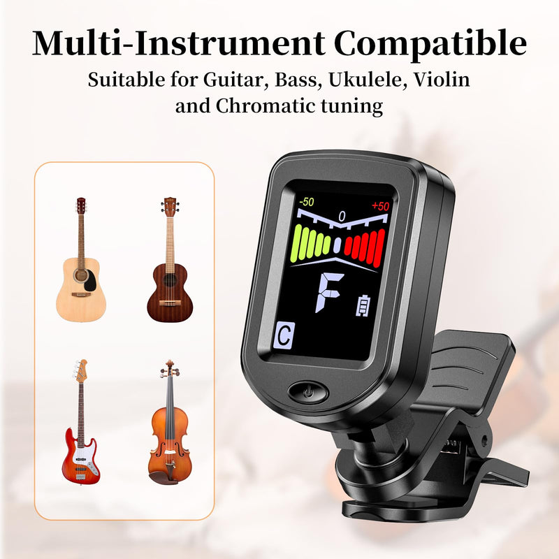 New Bee Clip-On Guitar Tuner Rechargeable with Color Screen 360° Rotatable Chromatic Tuner for Guitar, Bass, Ukulele, Violin (Black, 2 Pack) Black
