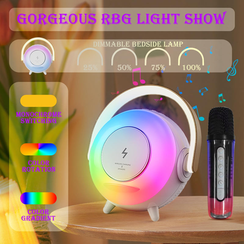 Depulat 6 in 1 Bluetooth Speaker, Microphone Karaoke, RGB Ambient Table Lamp, Dimmable Night Light, 15W Wireless Phone Charging Station, Phone Stand, Gifts for Teen Boy Girl Gifts Trendy Stuff PX-03