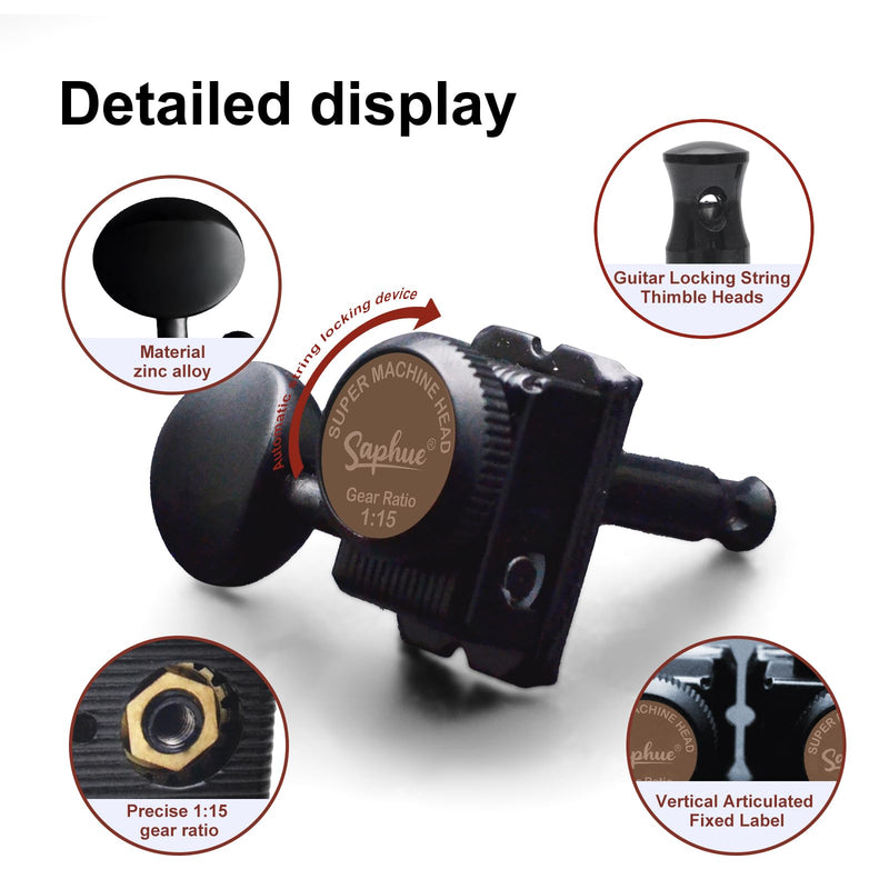 SAPHUE 6 Inline Guitar Lock String Tuners 1:15 Vintage Guitar Locking Tuning Key Pegs Machine Heads Replacement for ST TL Style Electric Folk or Acoustic Guitars (black) black
