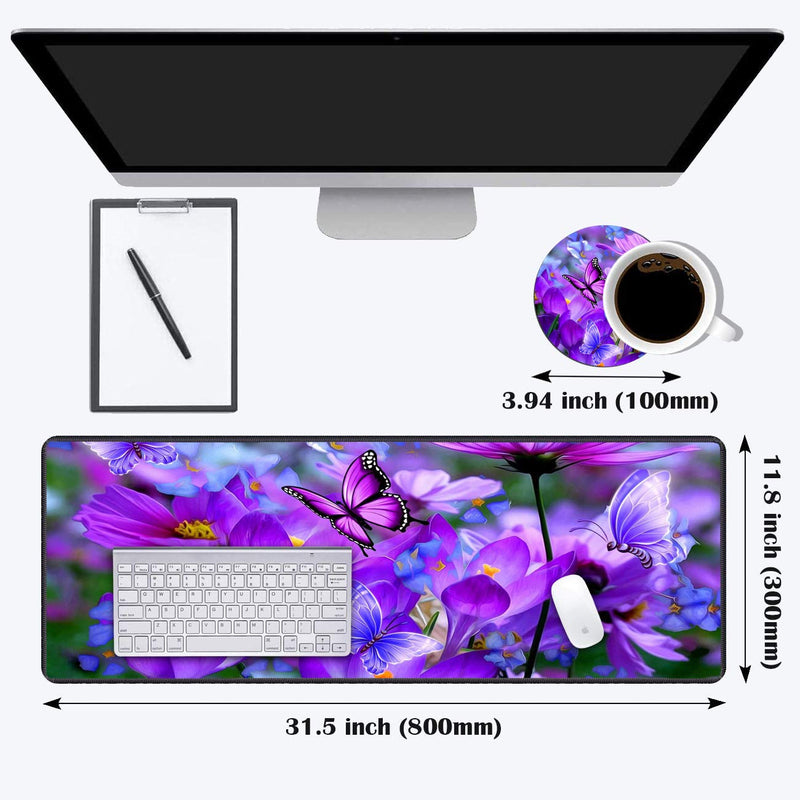 Luasao Desk Pad Mat Gaming Mouse Pads with Coasters, Stitched Edges Design Mouse Pad XXL Large Mouse Pad for Laptop Computers Purple Flowers and Butterflies Desk Writing Mat for Office & Home