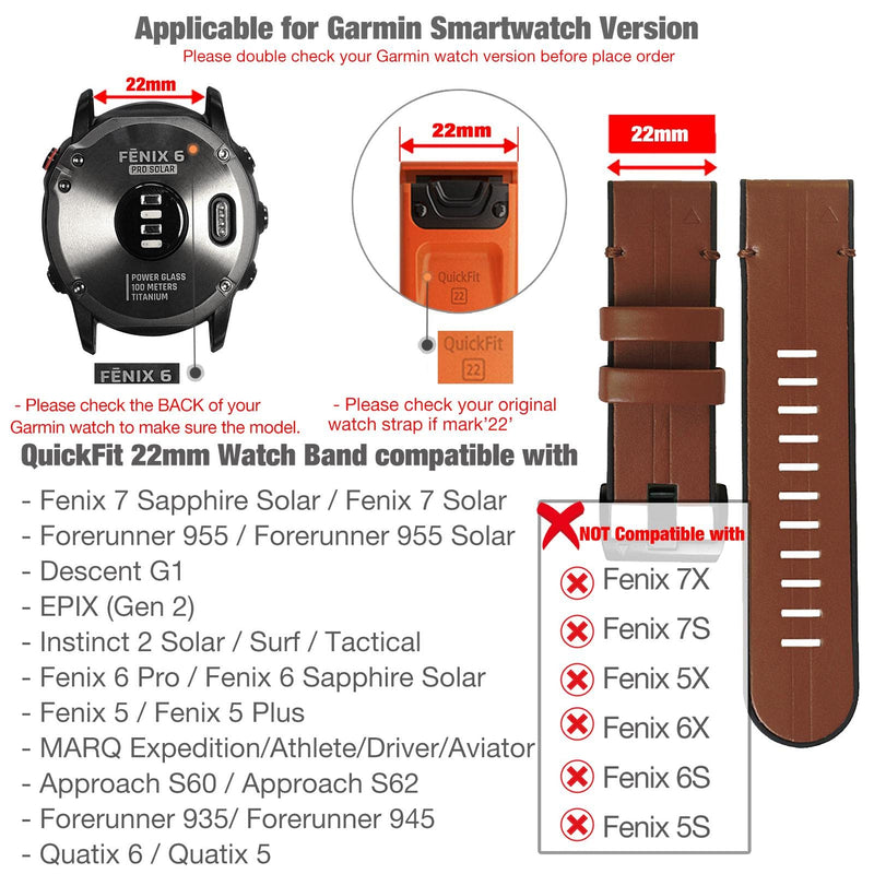 Abanen Leather Watch Bands for Fenix 6 / Fenix 5 / Fenix 7, QuickFit 22mm Soft Genuine Leather with Silicone Sweatproof Wrist Strap for Garmin Fenix 6 Pro/Sapphire,Instinct, EPIX 2,Approach S62/S60 Brown