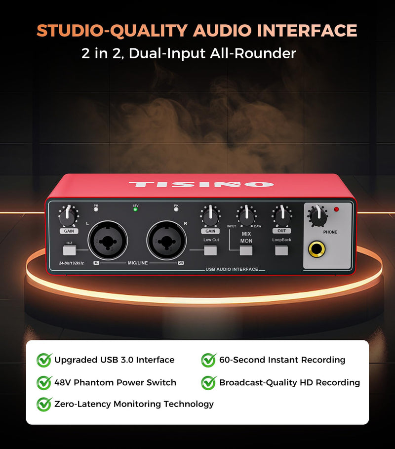 TISINO Audio Interface 2i2-24Bit/192kHz, USB Audio Interface for Recording, Songwriting, Streaming and Podcasting, Plug & Play Studio Interface with 48V Phantom Power, PC/Mac/iOS Compatible,RED Classic Red
