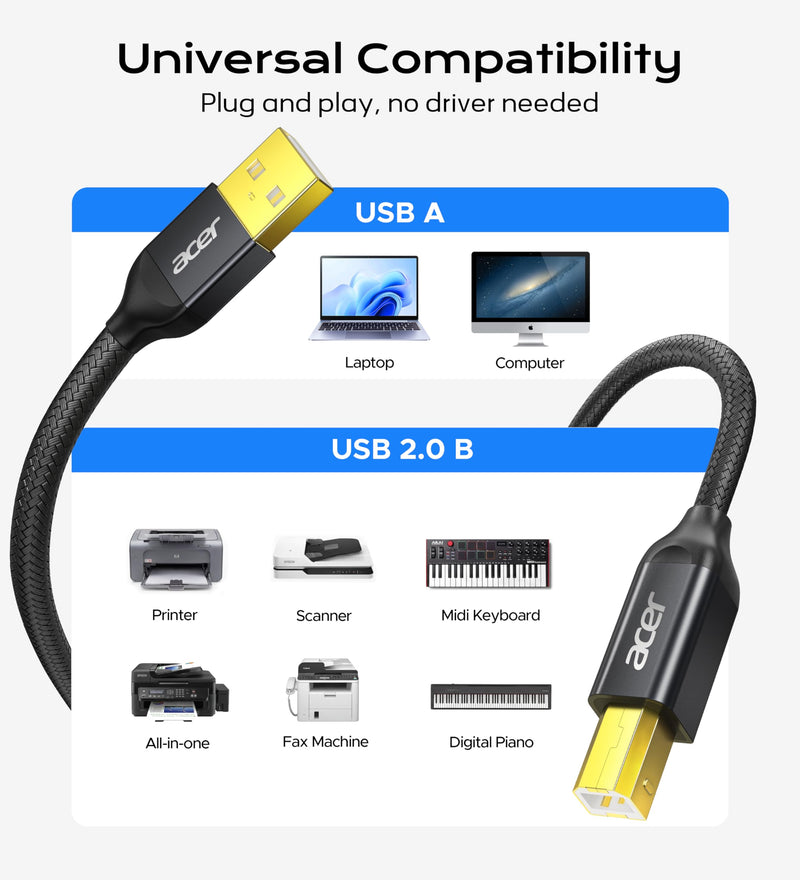Acer Printer Cable 10ft, USB A to USB B Cable,High Speed Nylon Printer Cord | Aluminum Case & Gold-Plated, USB 2.0 B Cable for HP, Canon, Brother, Samsung, Dell, Epson, Lexmark, Xerox and More 10 FT