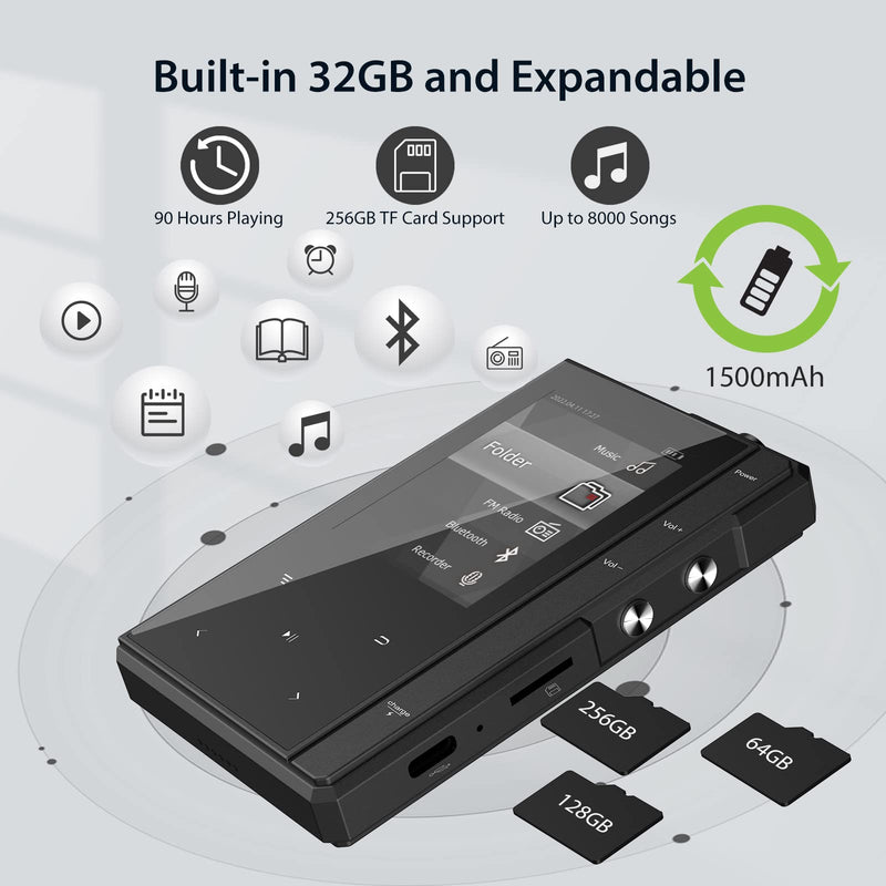 [AUSTRALIA] - 32GB MP3 Player with 90 Hours Long Battery Life,Bluetooth 5.0,Phinistec Z6 Digital Audio Player with Loud Speaker, 2.4'' IPS Portable Music Player,FM Radio,Voice Recorder Support up to 256GB(Black) 32GB 