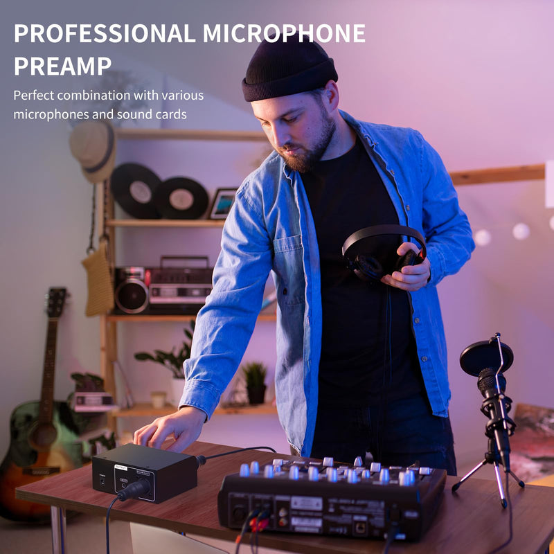 XTUGA XIC1 Microphone Preamp for Dynamic and Condenser Microphones Booster with 2 Input Max 75db Gain 48V Phantom Power XLR Output