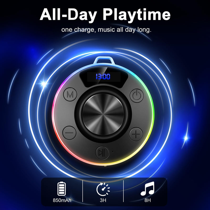 Bluetooth Speaker, Shower Speaker Stereo Sound, IPX7 Waterproof Speakers Bluetooth Wireless with RGB Light, Suction Cup, Hook, Digital Display, Portable Speakers for Gift Bathroom Party Beach, Black