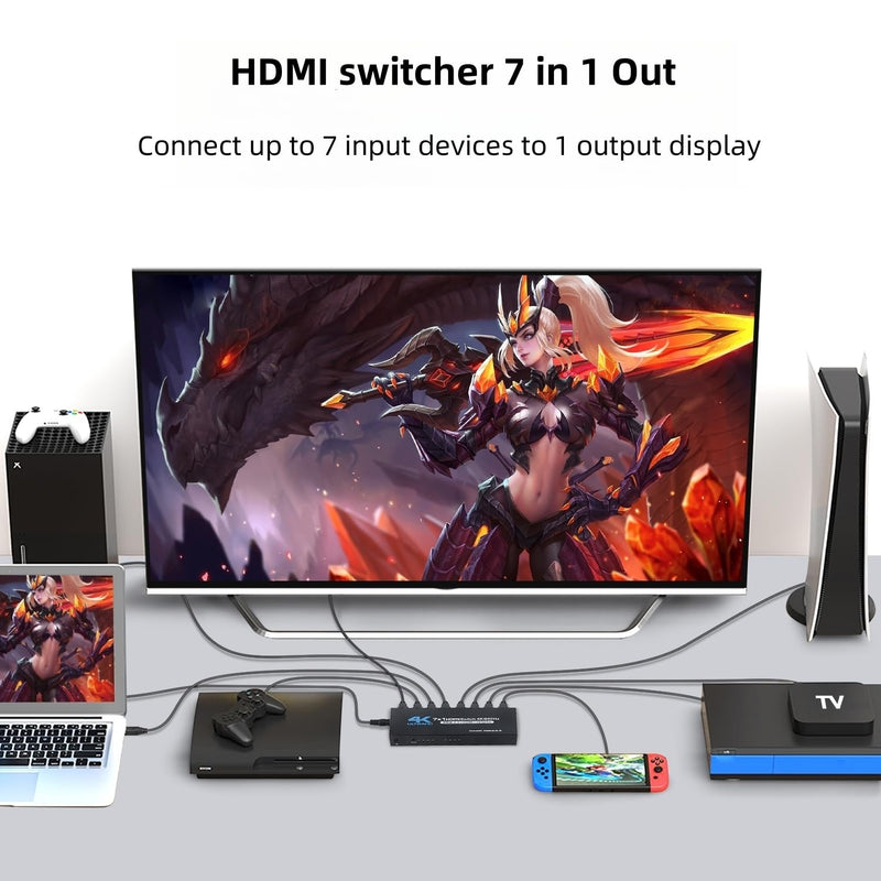 [AUSTRALIA] - HDMI Switch, 4K@60Hz HDMI Switcher 7 in 1 Out with IR Remote, 7 Port HDMI Selector Box Support HDMI2.0, Dolby Vision/Atmos, HDR10 for Box, Switch, PS5/4, Roku, Fire -Stick-Black 4K@60Hz 7 in 1 Out black 