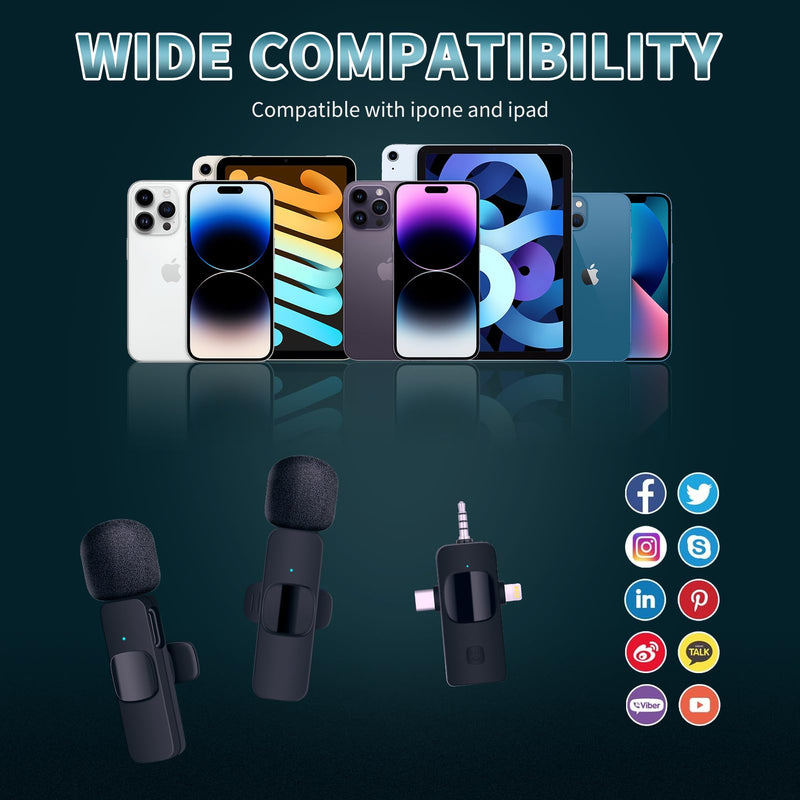 AMOOX Wireless Lavalier Microphone for iPhone Camera Live Streaming, Vlogging, Cordless Omnidirectional Clip Mic, Plug-Play Microphone for Interview Video Podcast Vlog YouTube Three in One Set