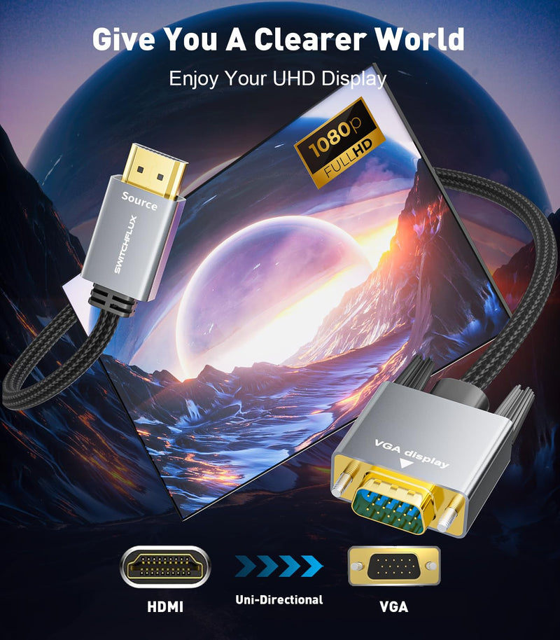 HDMI to VGA Adapter Cable 6FT [Metal Case, Nylon Cable] 1080P@60Hz HDMI Male to VGA Male Uni-Directional Braided Cord for Computer, Laptop, Monitor, Roku, Xbox, Graphics Card More