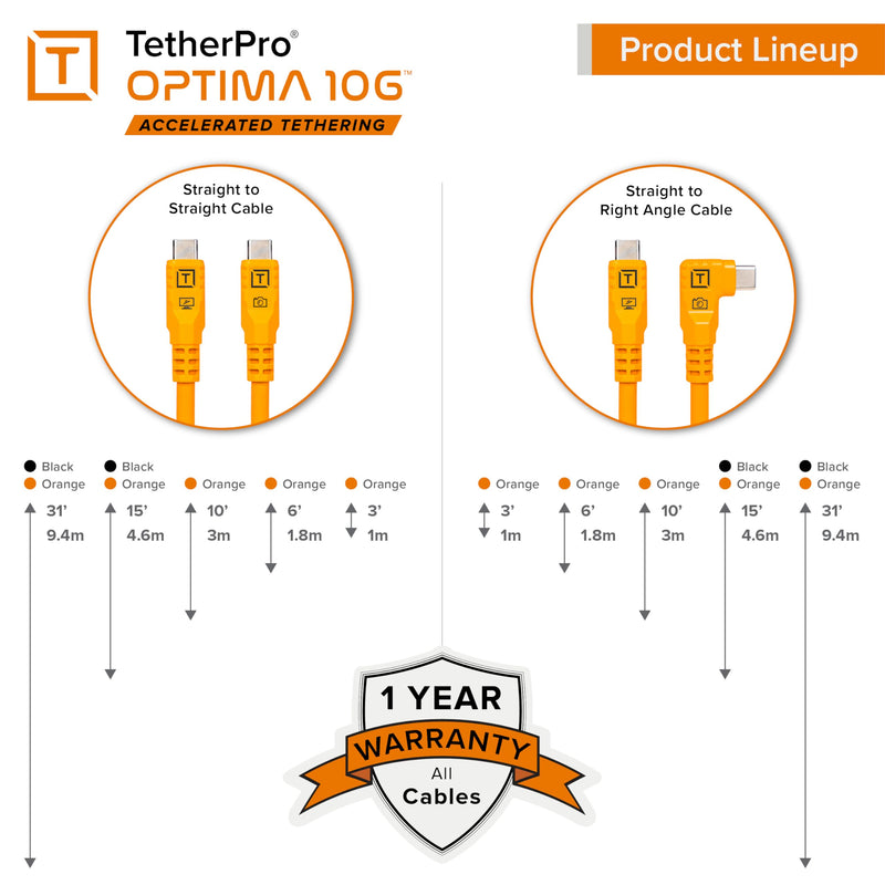 Tether Tools TetherPro Optima 10G USB-C Exclusive Data Transfer Cable | Straight to Right Angle Cable | TetherBoost Signal Technology | Immediate Camera Recognition 6' (1.8m) Orange