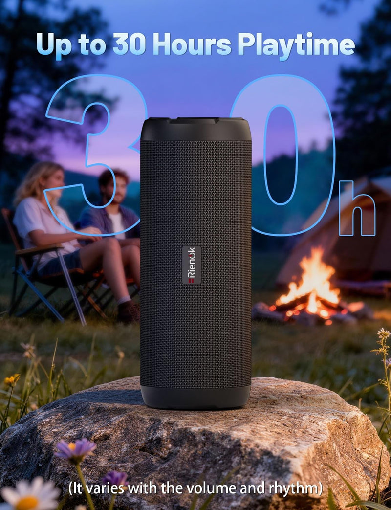 [AUSTRALIA] - RIENOK Portable Bluetooth Speaker 30W Dual Pairing True Wireless Stereo HD Sound IPX7 Waterproof Outdoor Sport Shower Wireless Speaker Bluetooth 5.3 for Home Party Black 3600mAh 