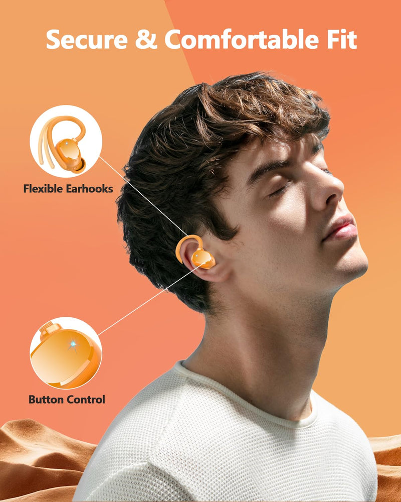 Ear buds Wireless Bluetooth Earbuds Sport 2026 NEW Bluetooth 5.3 Headphones with LED Display 128H Playtime Powerful Bass Over Ear Earphones with Earhooks IP7 Waterproof for Gym/Running/Workout Orange