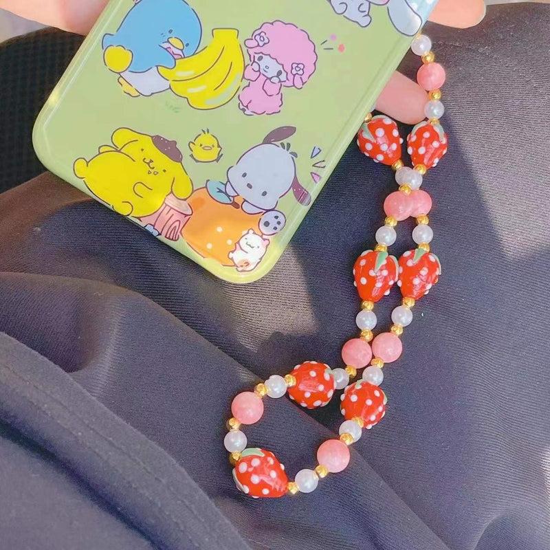 Pink Blue Red Strawberry Beaded Phone Charm Sweet Fruit Pearl Lanyard Wrist Strap Handmade Beads Anti Lost Phone Chain Keychain Gifts for Women Girls style-1
