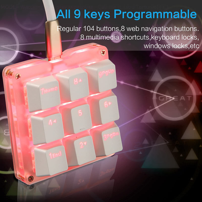 Koolertron One Handed Macro Mechanical Keyboard, RGB LED Backlit Portable Mini One-Handed Mechanical Gaming Keypad OSU! Keyboard 9 Fully Programmable Keys White/Red Switches/Pink LED