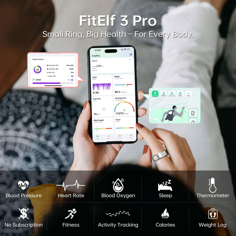 FitElf 3 Pro Smart Ring Fitness Tracker, Health Sleep Tracker, Blood Pressure, Heart Rate and Oxygen Monitor Ring for Women/Men, IP68, No Subscription, 10-Day Battery Life (Silver 9) Silver 9(59.3mm)