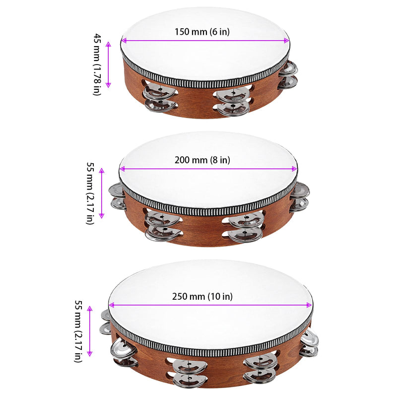 3 Pack Wooden HandHeld Tambourine Set, 6 Inch 8 Inch 10 Inch Double Row Tambourines for Adults for Party, Dance, Wedding, Brown