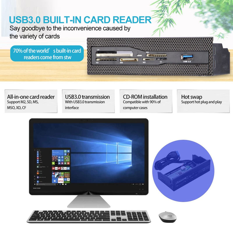 5.25 Inch Multifunction Front Panel Internal Card Reader,USB 3.0 Port All in one Multimedia 64G PC Dashboard Card Reader with 6 Copper Plated Card Slots,Support M2, SD, MS, XD, CF, TF Card