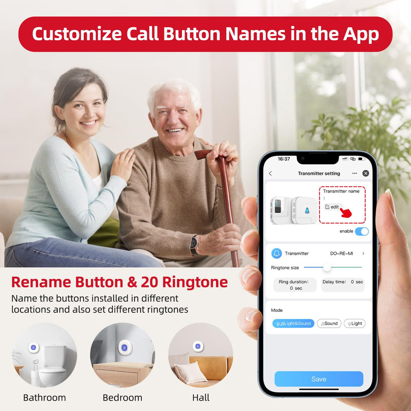 CallToU Wi-Fi Wireless Caregiver Pager Call Button for Elderly at Home , APP Emergency Alert for Seniors, Patients, and The Disabled white 3+1