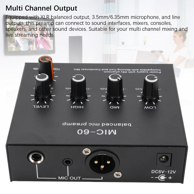 Microphone Preamp Mic Gain Booster 3 Input with 48V Power, XLR Balanced, 3.5mm/6.35mm Output, for Dynamic and Condenser Mic (with 3.5mm Sound Cable) With 3.5mm Sound Cable