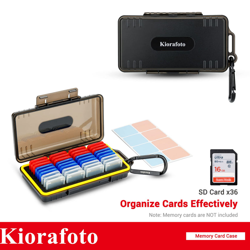 Kiorafoto SD Card Case with 36 Pack Individual Clear Plastic Memory Card Holders for 36 SD SDXC SDHC Cards,Water-Resistant Anti-Shock Anti-Dust SD Card Carrying Organizer Storage Protector with Labels for 36 SD Cards（With Box）