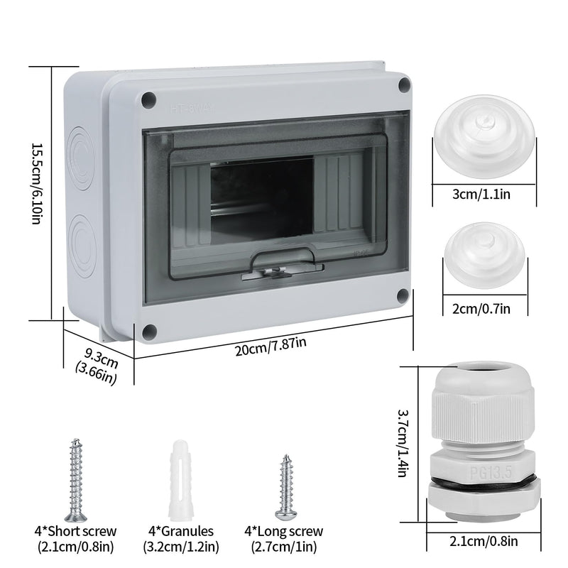 Surface Mount Fuse Box Distribution Box Surface Mount Small Distribution Box IP65 1 Row 8 Modules Wet Room Surface Mounted Distributor with Clamp for Outdoor Garden Farm Shop 8 Wege