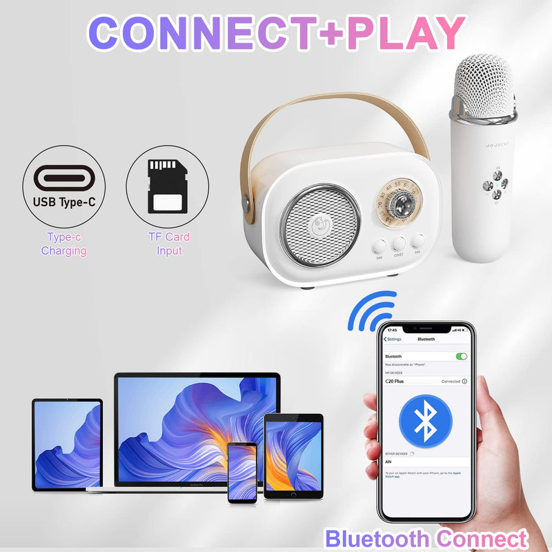 [AUSTRALIA] - Mini Karaoke Machine for Kids,Portable Bluetooth Speaker with 2 Wireless Microphone,Toys for Girls Boys Gifts,Retro Speaker Set Stereo Sound Enhanced Bass for Home Party Birthday (White) White 