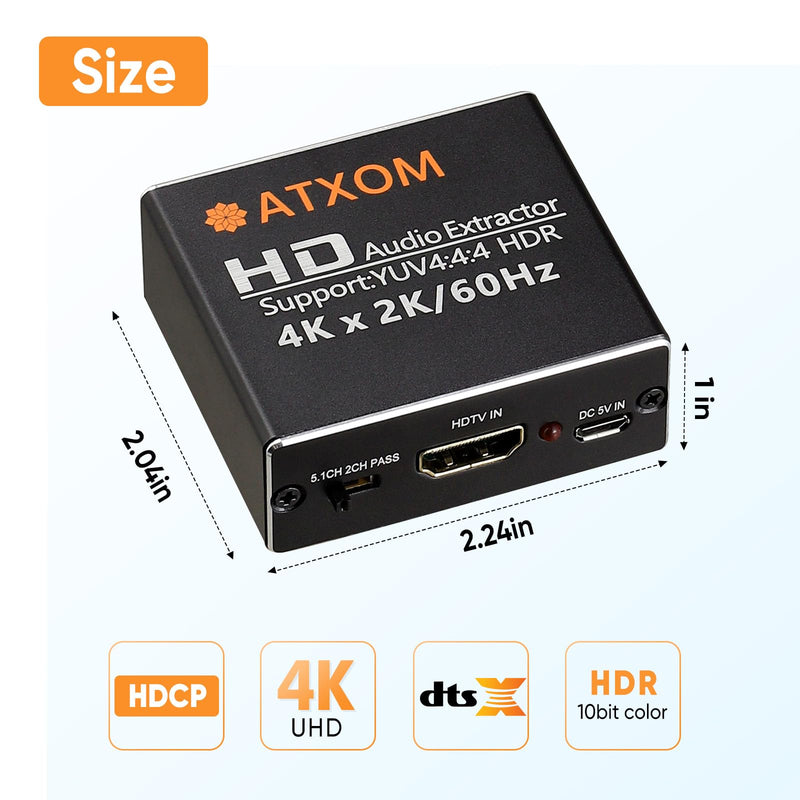 HDMI Audio Extractor 4K 60Hz HDMI to Optical SPDIF + 3.5mm AUX RCA Stereo Audio Splitter Converter Supports HDR10, HDMI 2.0, HDCP, 1080P, Digital DTS, 5.1 Sound Channels, PCM, EDID