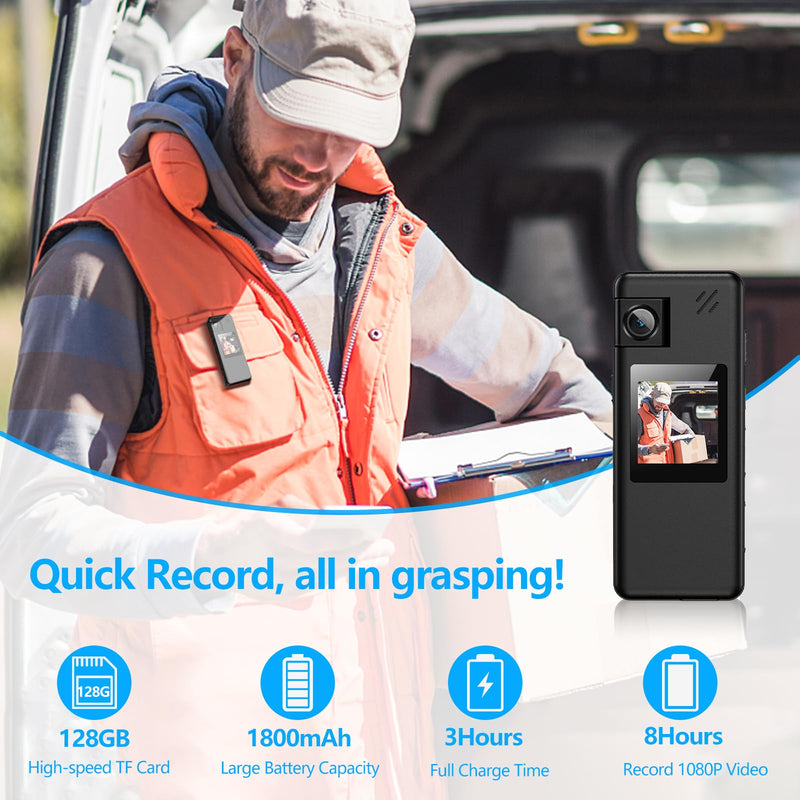 128GB Body Camera, Wearable HD Body Cam with 180° Rotatable Lens and Upgraded Back Clip, Body Camera with Audio and Video Recording for Law Enforcement, Delivery, Indoor