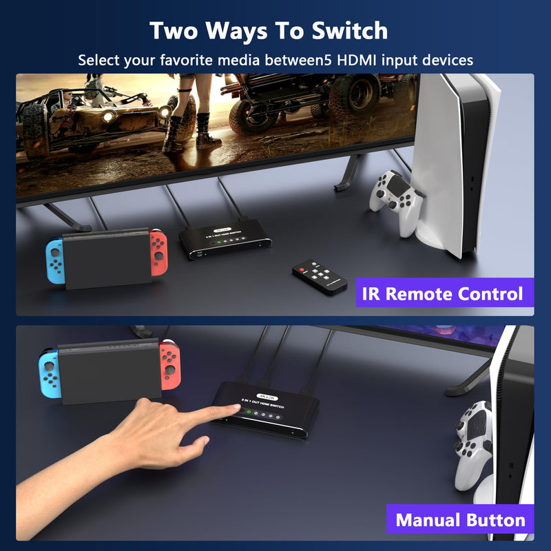 [AUSTRALIA] - 5 in 1 HDMI Switch with Remote 4K, 5 Port HDMI Switcher, HDMI Selector Splitter Box with LED Indicators, Game Switcher Hub with USB Powered for PS5 Xbox Fire Stick Roku TV Monitor 