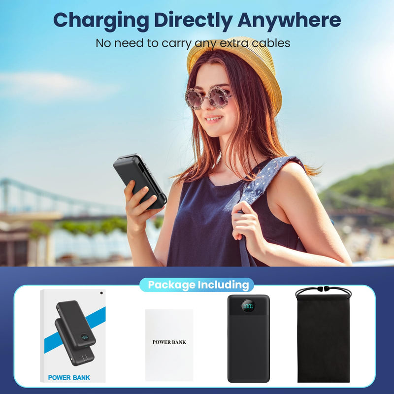 Portable Charger 33800mAh USB C Power Bank with Built-in Cables & AC Wall Plug,25W Fast Charging+QC 4.0 Phone Charger,4 Output LCD Display Battery Pack Compatible with iPhone16/15,Samsung,Android etc Black