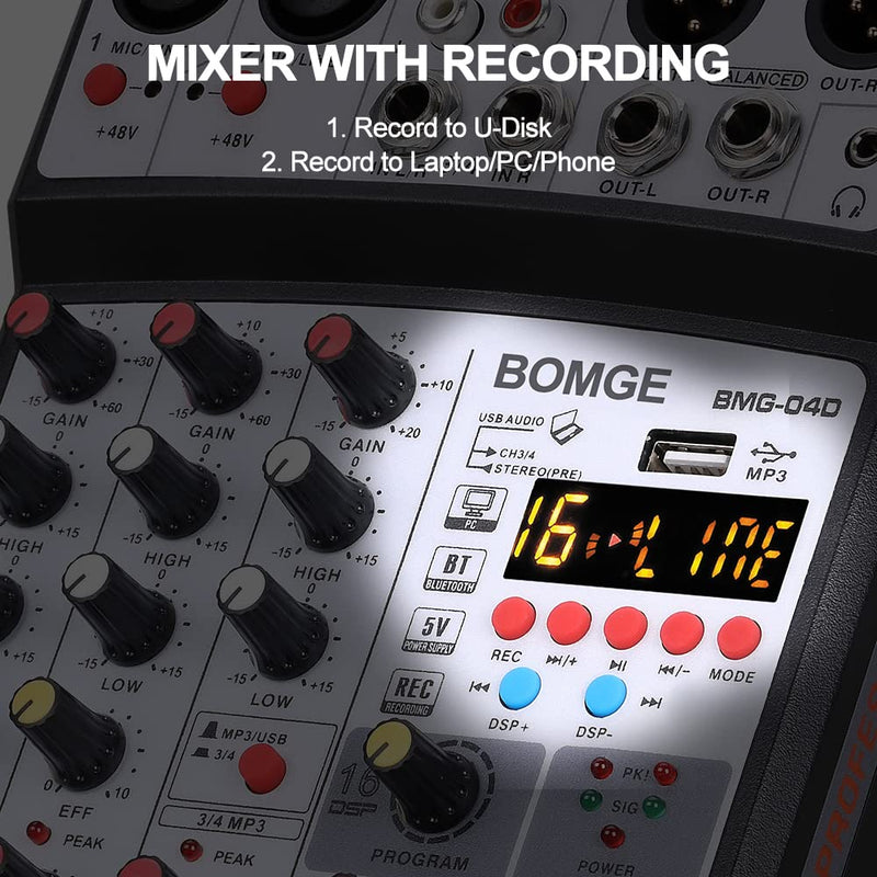 [AUSTRALIA] - BOMGE 4 Channel dj Bluetooth Audio Mini Mixer with Effects, USB Interface, Stereo Recording, 48V Phantom Power for PC,phone(White) white 
