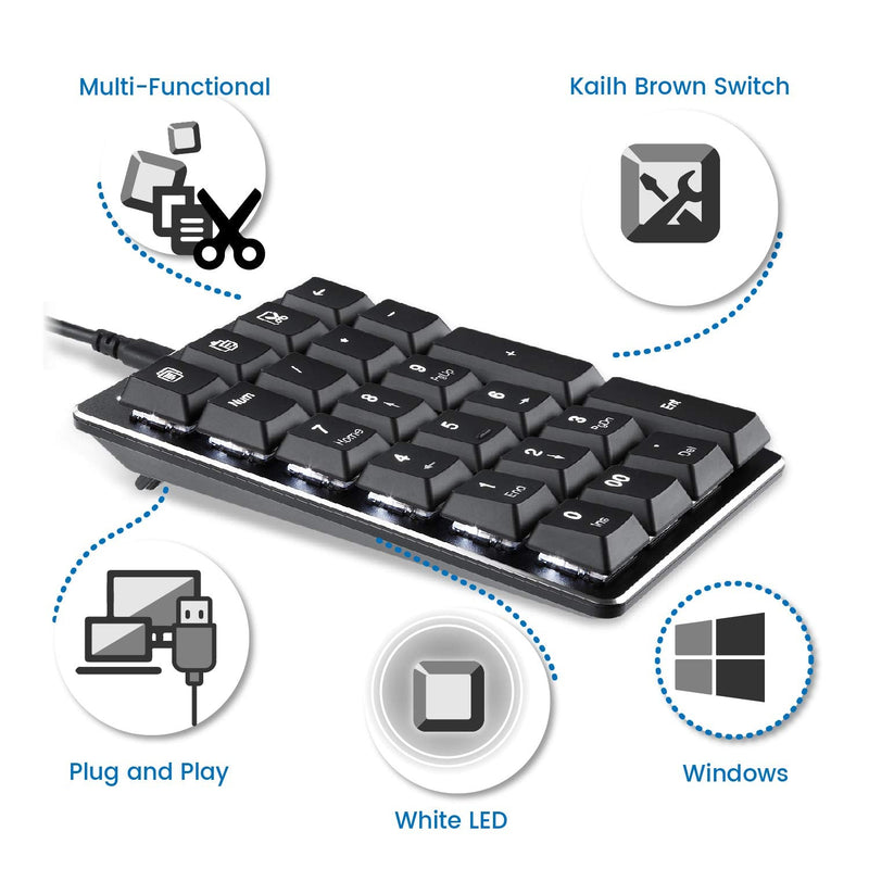 Perixx PERIPAD-303B, Backlit Mechanical Numeric Keypad - USB - Office Shortcut Keys - Full Size 22 Keys - Kailh Brown Switch Keys