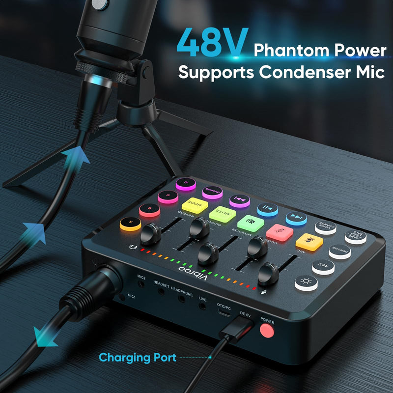 Gaming Audio Mixer, Rechargeable Audio Interface RGB PC Mixer with XLR Microphone Interface, Individual Control, Volume Fader, Mute Button, 48V Phantom Power, for Podcast/Recording