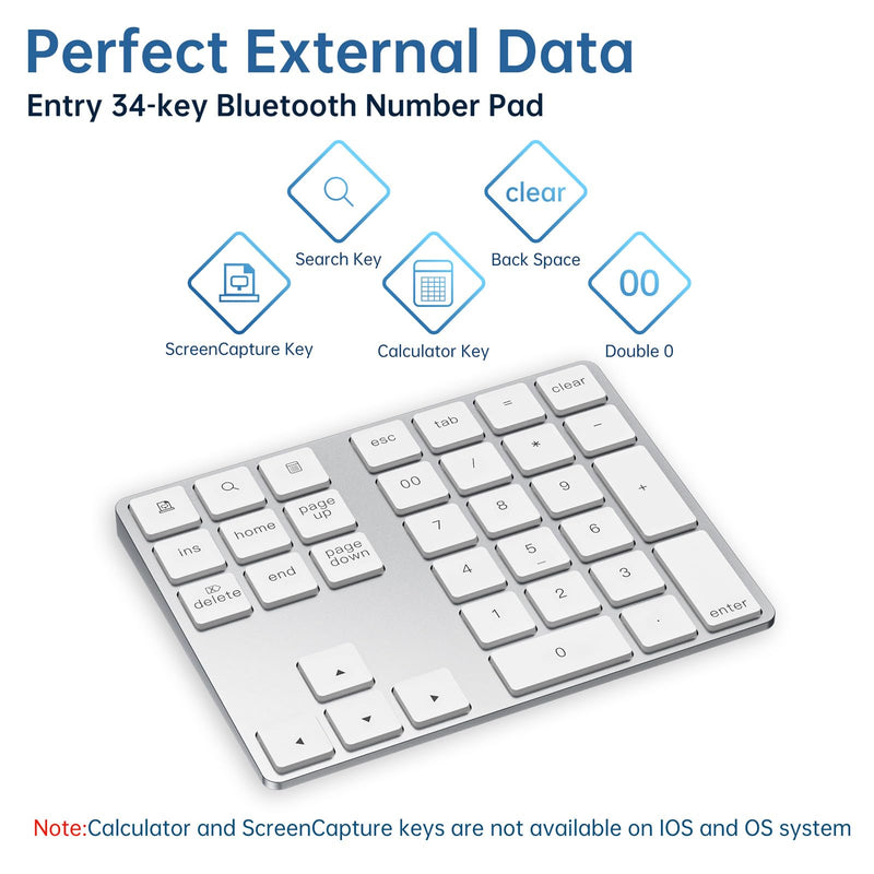 Bluetooth Number Pad, Rechargeable Wireless Numeric Keypad Slim 34-Keys Aluminum Number Keypad External Data Entry Compatible for Laptop Silver Regular 326 Bluetooth