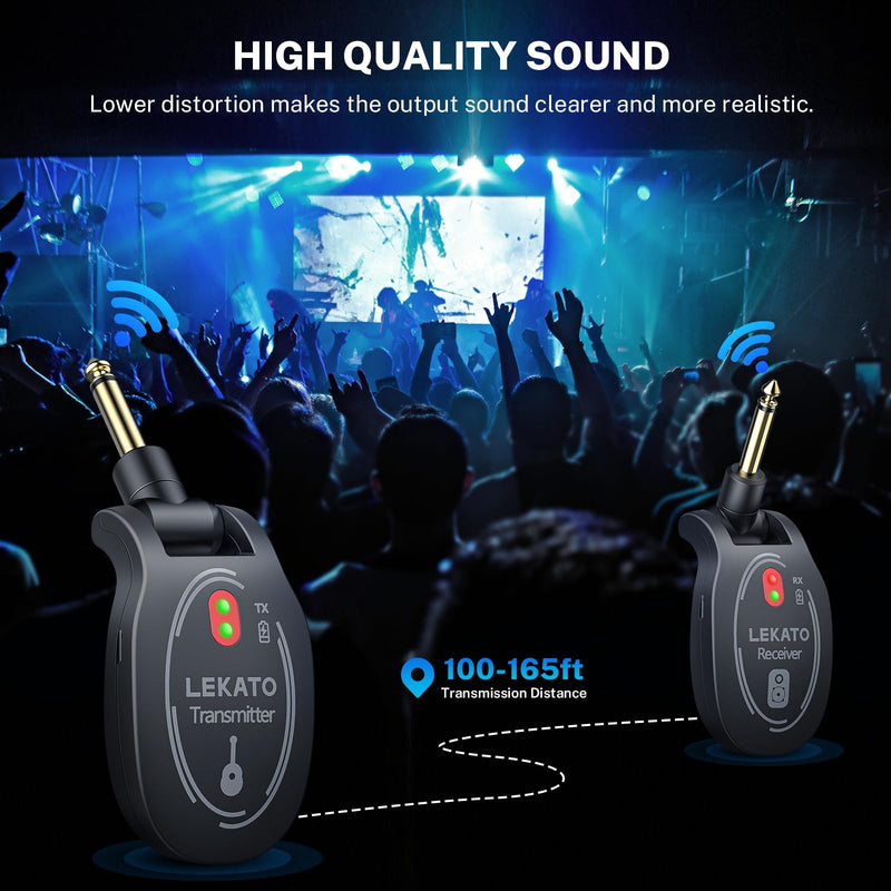 LEKATO UHF Wireless Guitar System Rechargeable, Wireless Transmitter Receiver 4 Channels 165ft tansmisiion Low Latency Guitar Wireless System,Black