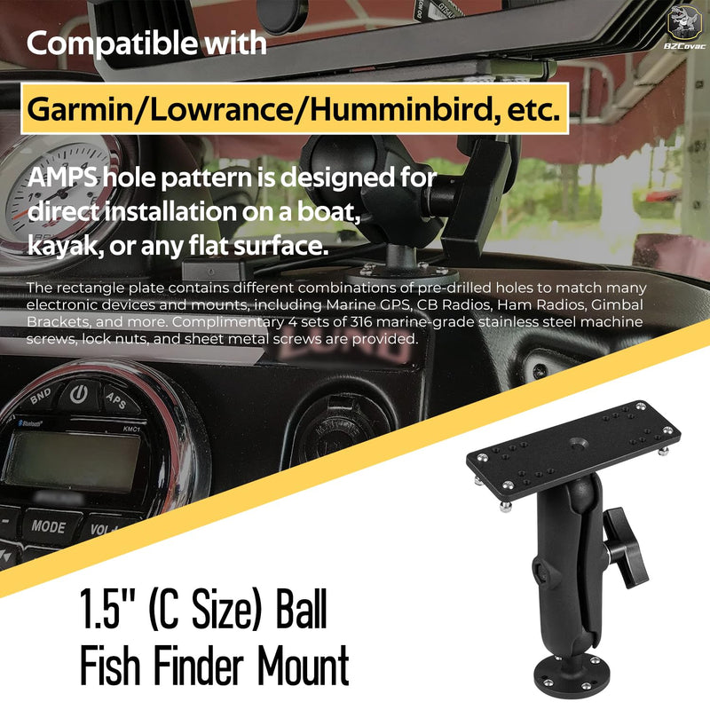 Aluminum Fish Finder Gimbal Mount with 1.5" / C Size Ball for Garmin, Lowrance, Humminbird & More - 360° Rotation & ±90° Tilt Adjustable Marine Electronics Depth Finder Mount