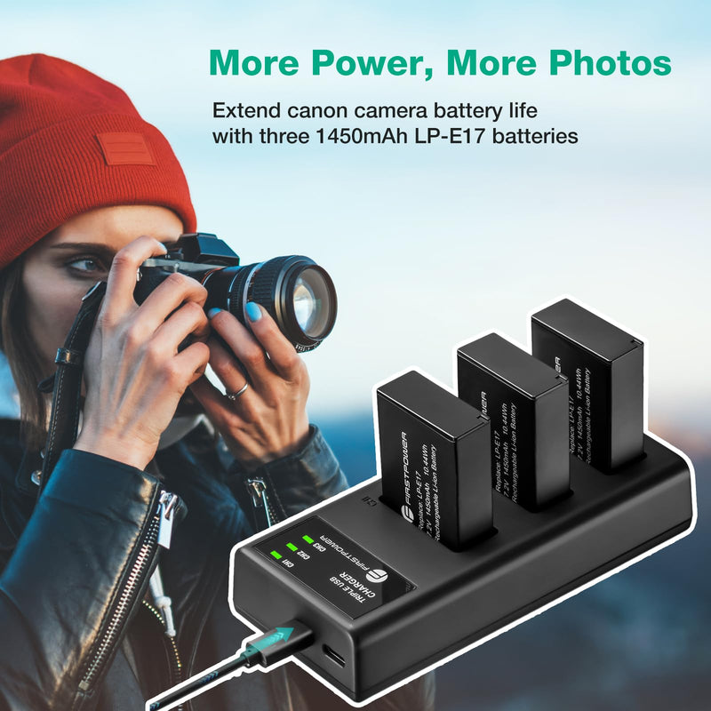 [AUSTRALIA] - FirstPower LP-E17 Battery 3-Pack and Triple Slot Charger for Canon EOS R50 R100 R10 R8 RP, Powershot V1, Rebel T8i T7i T6i T6s, SL2 SL3, EOS M3 M5 M6, M6 Mark II, 77D 200D 750D 760D 800D 8000D Camera 