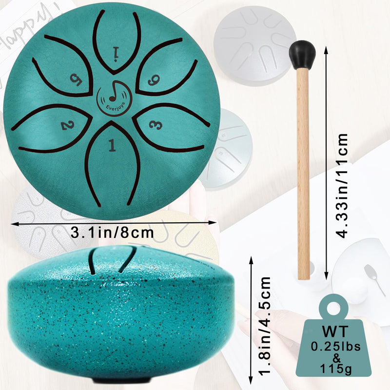 Steel Tongue Drum 3 Inch 6 Notes C-Key Handpan Drum Percussion Instrument Ethereal Drum with Cloth Bag,Music Book and Mallets, Music Gift for Kids(3inch, Lack Green)